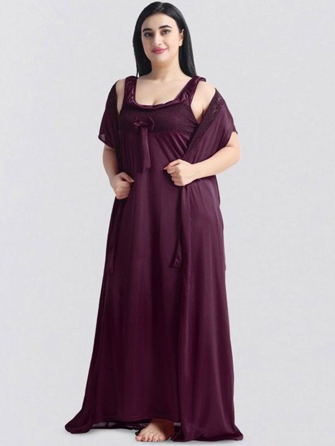 

Softwrap Women Solid Maxi Nightdress With Robe, Purple