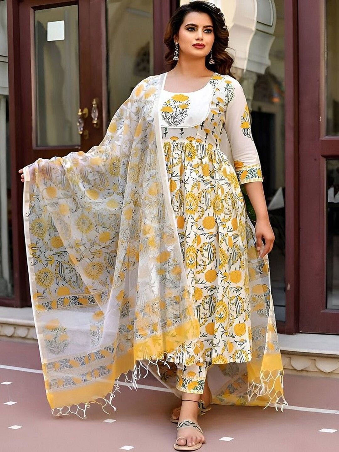 

REALLTREND Floral Printed Round Neck Anarkali Kurta With Trousers & Dupatta, Yellow