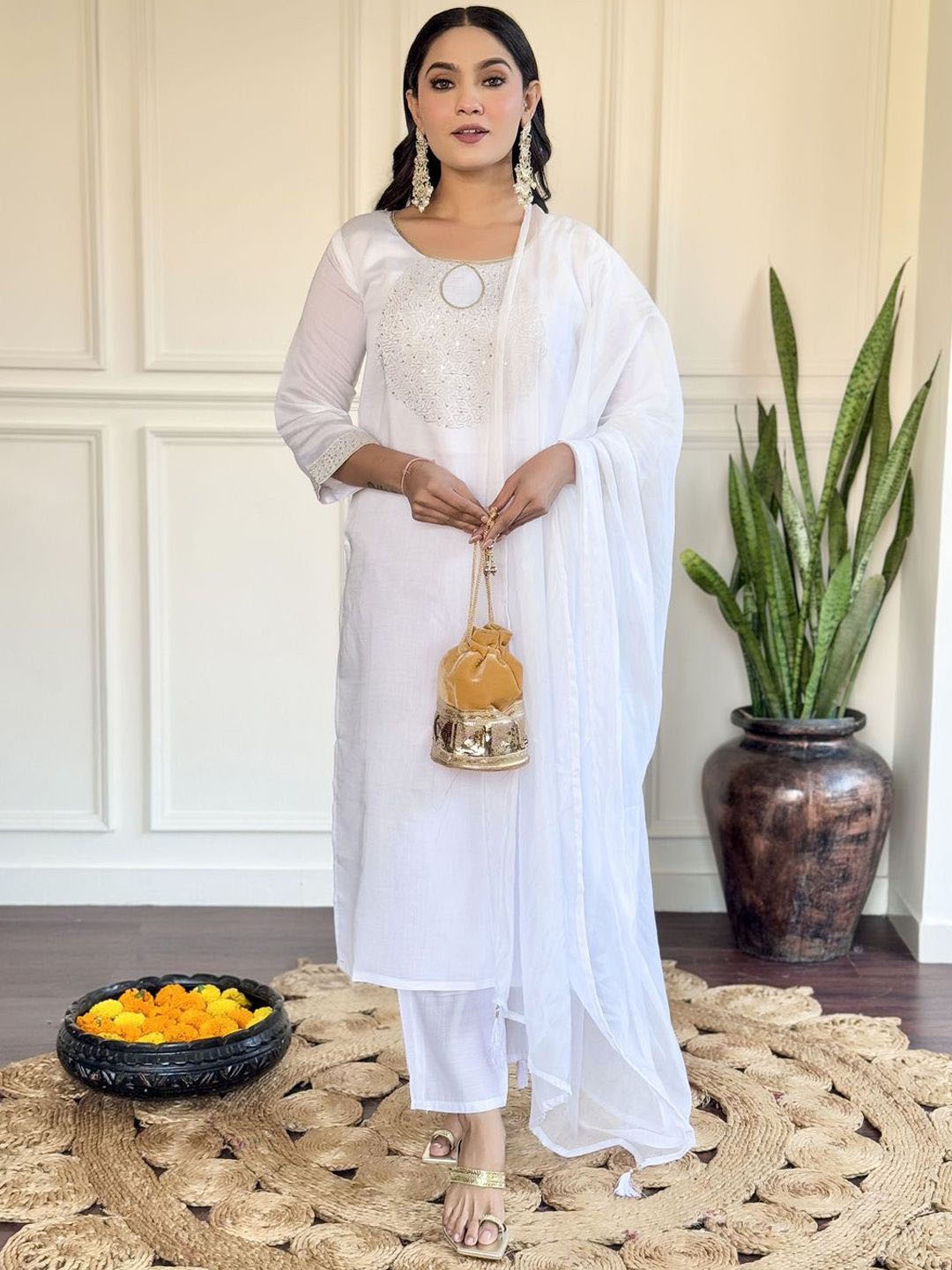 

REALLTREND Floral Yoke Design Round Neck Sequinned Straight Kurta With Trousers & Dupatta, White