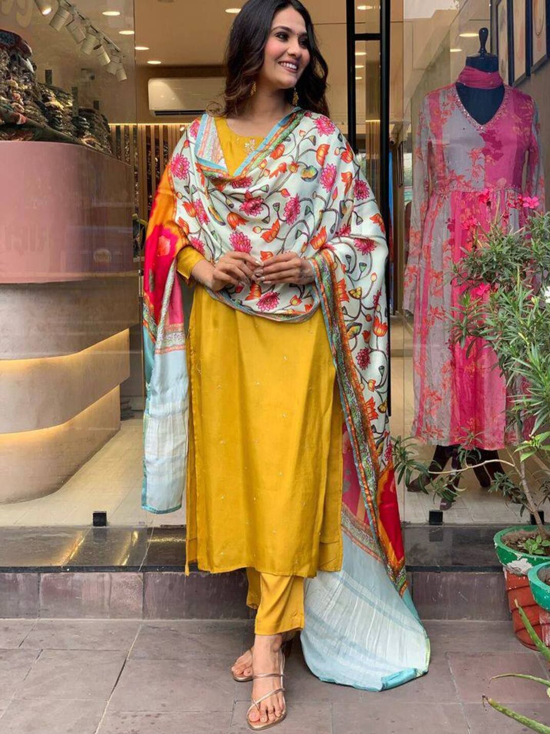 

REALLTREND Floral Yoke Design Round Neck Sequinned Straight Kurta With Trouser & Dupatta, Mustard