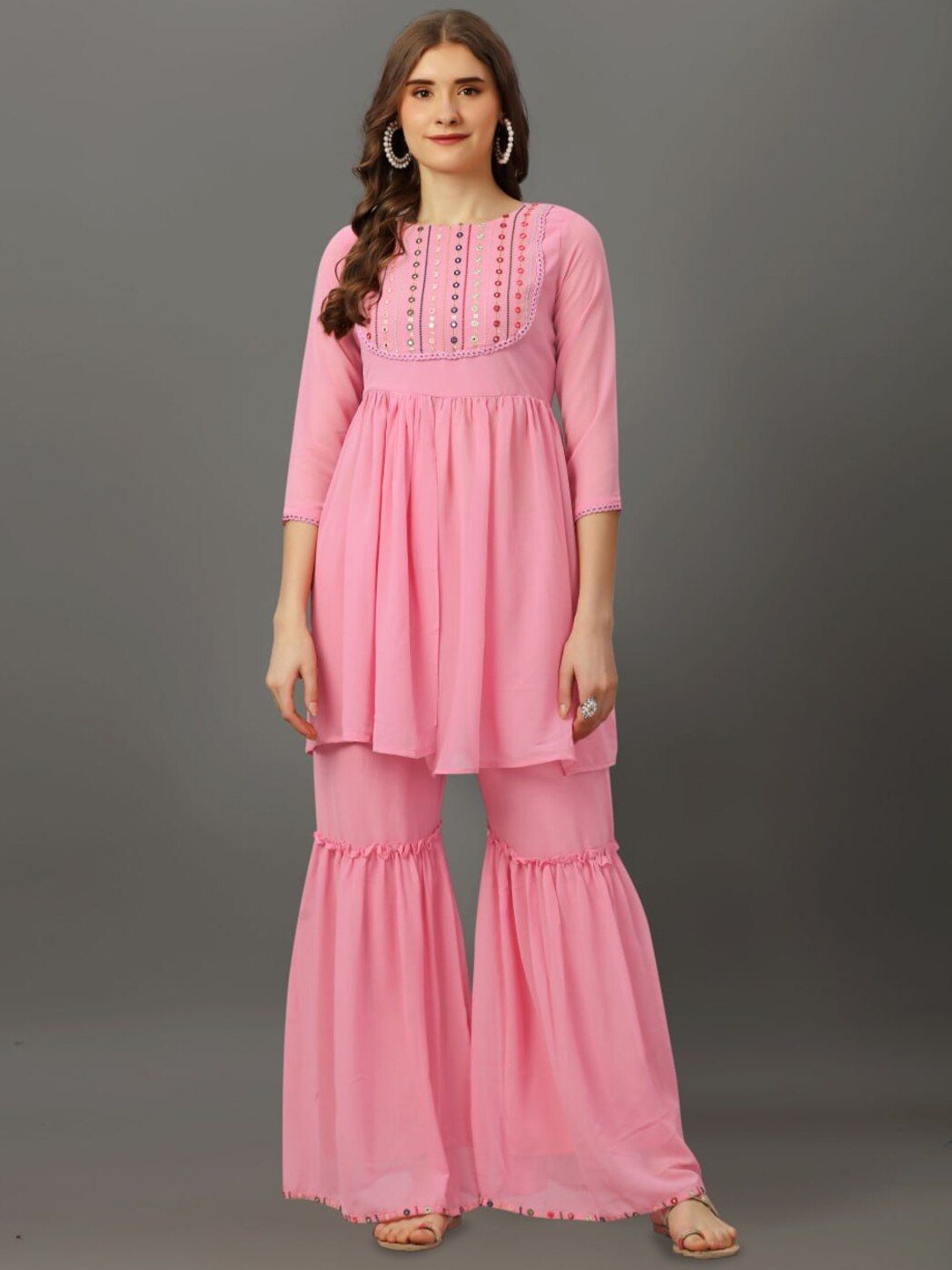 

REALLTREND Geometric Yoke Design Round Neck Thread Work Georgette Kurti With Sharara, Pink