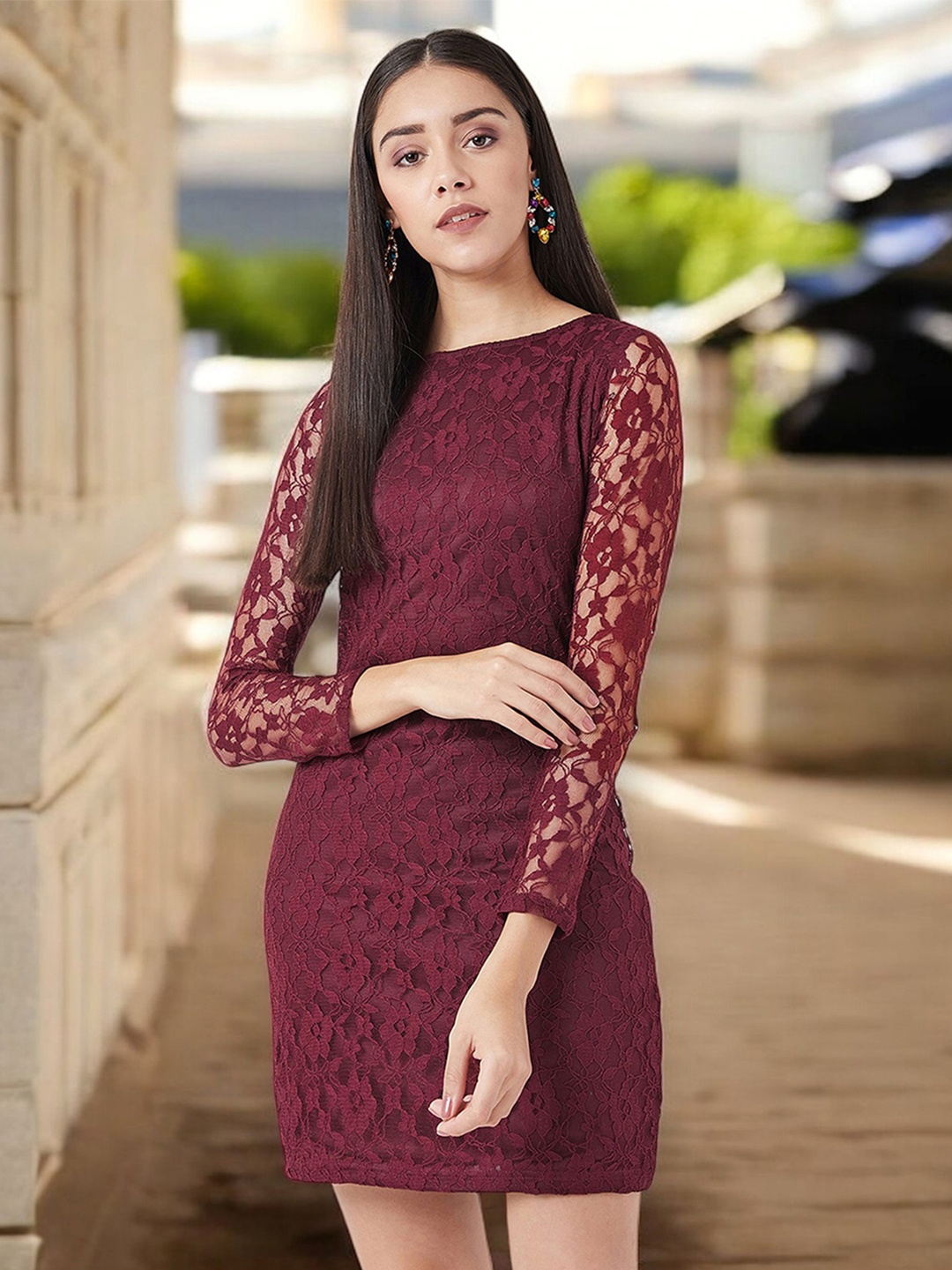 

Miss Chase Lace Women Bodycon Mini Dress, Maroon