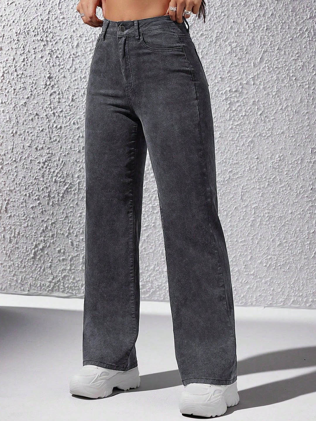 

Glossia Women Comfort Straight Fit High-Rise Light Fade Acid Wash Stretchable Jeans, Black