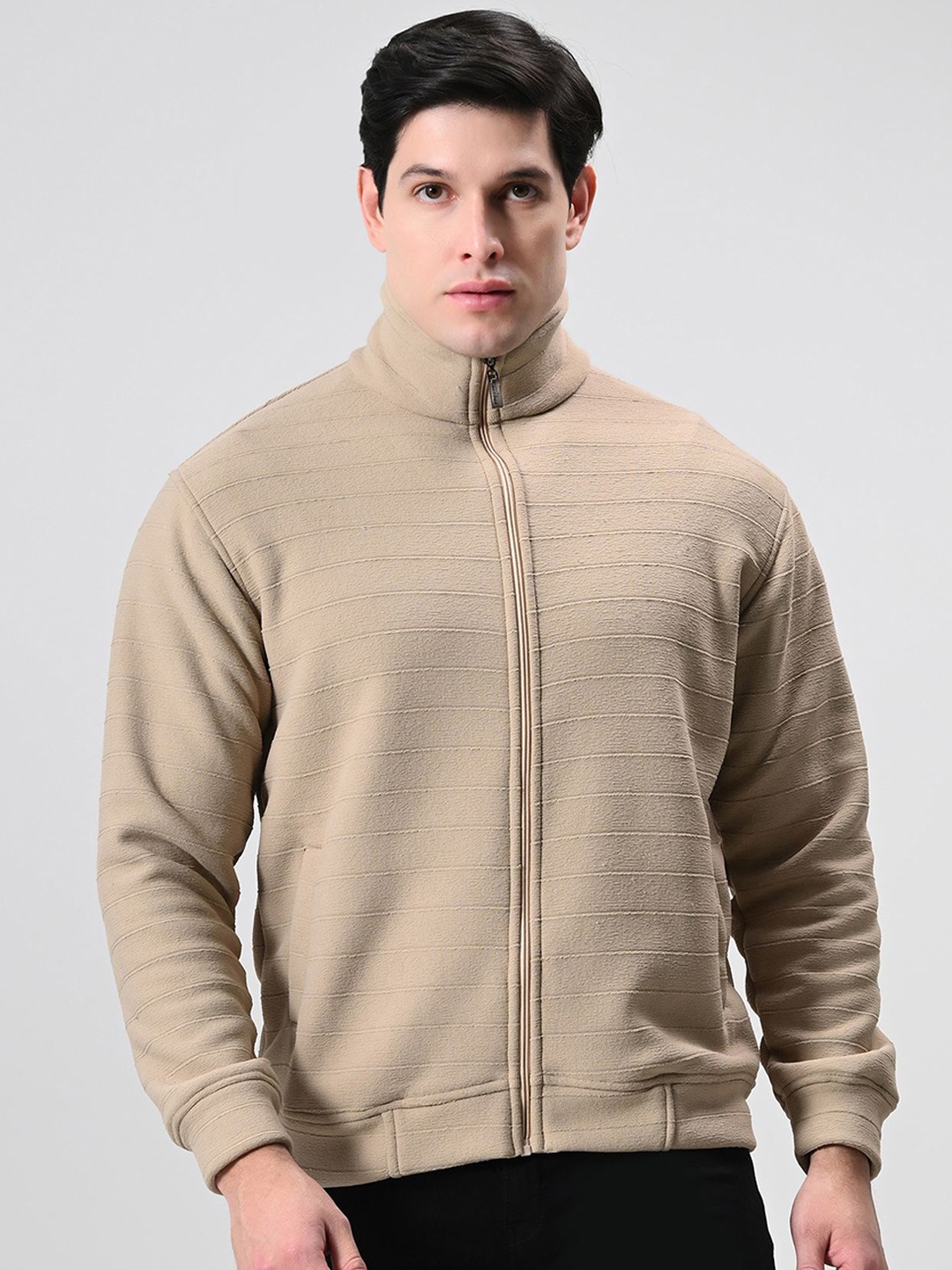 

BAESD Men Mock Collar Self Design Woollen Casual Lightweight Bomber Jacket, Beige