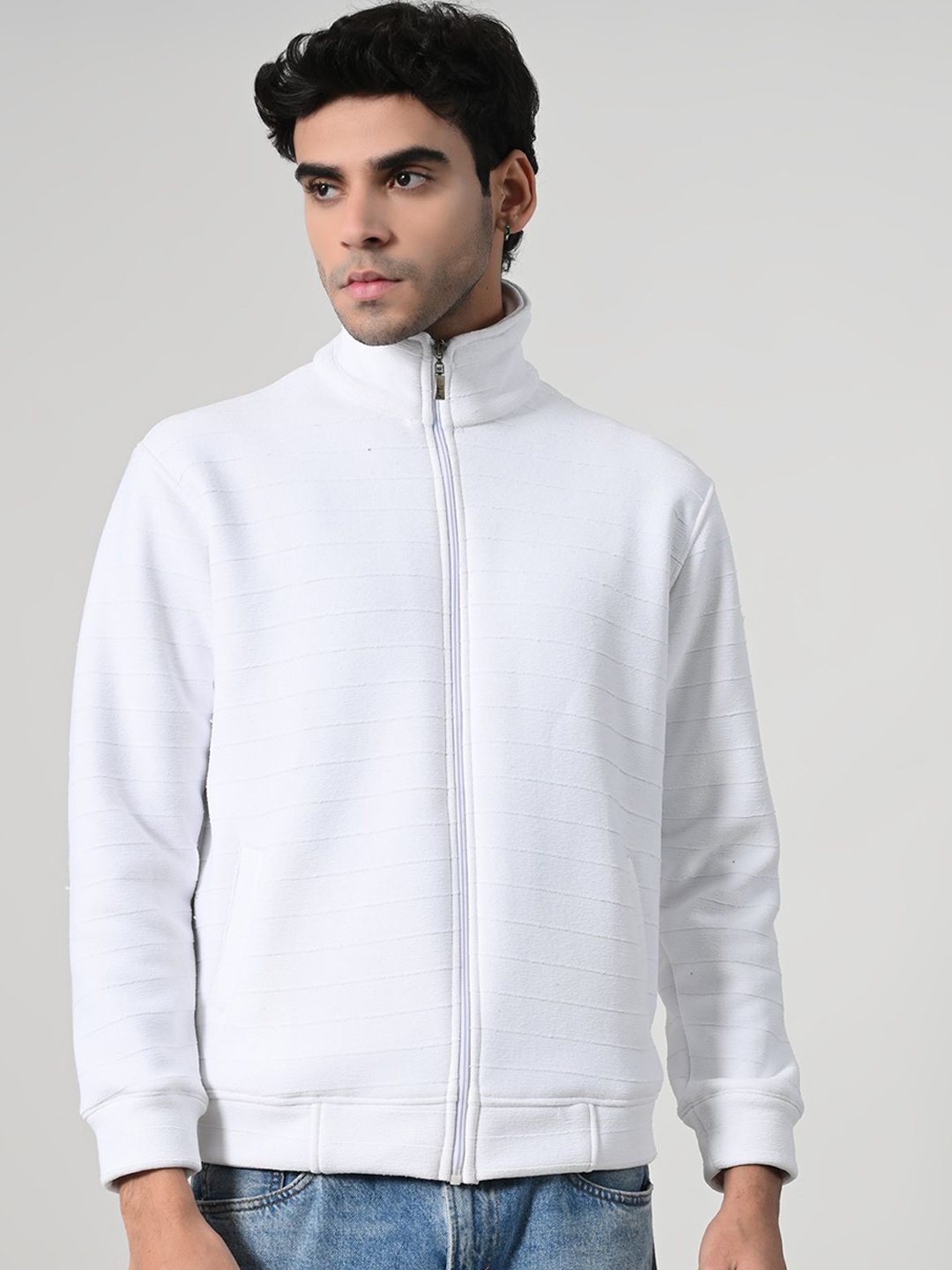 

BAESD Men Mock Collar Self Design Woollen Casual Lightweight Bomber Jacket, White