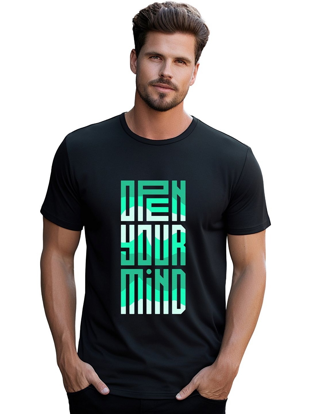 

BOWLIFESTYLE Men Typography Printed Round Neck Cotton Slim Fit T-shirt, Black