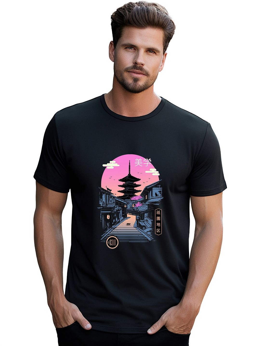 

BOWLIFESTYLE Men Graphic Printed Round Neck Cotton Slim Fit T-shirt, Black