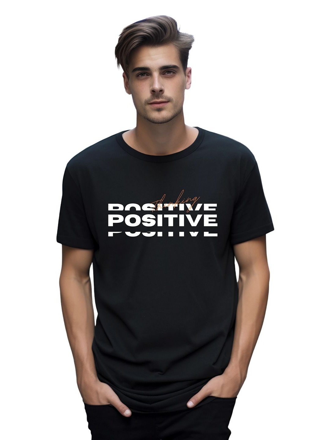 

BOWLIFESTYLE Men Typography Printed Round Neck Cotton Slim Fit T-shirt, Black