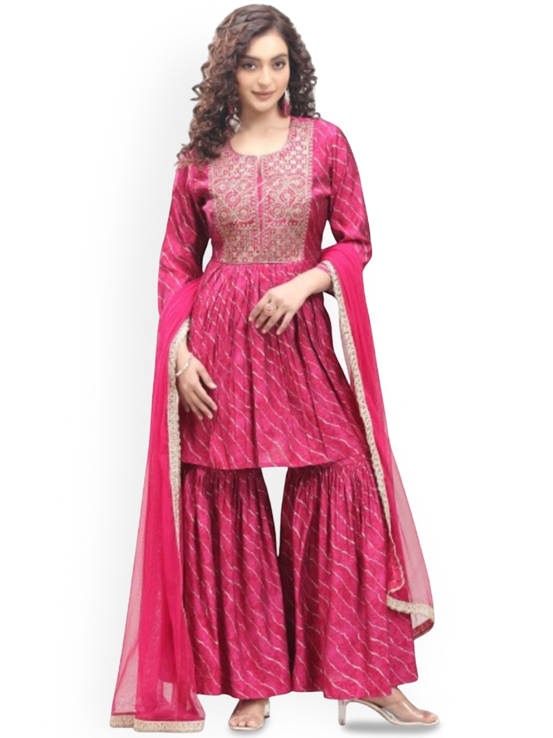 

COTTON CULTURE Leheriya Printed Thread Work Pure Silk Kurta With Sharara & Dupatta, Pink