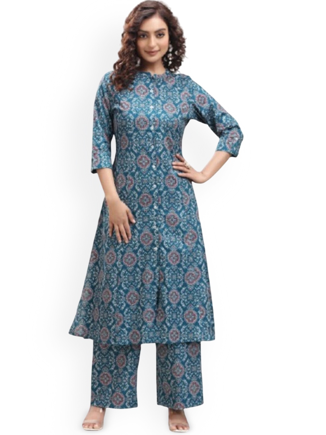 

COTTON CULTURE Ethnic Motifs Printed Mandarin Collar Pure Silk Kurta With Palazzos, Blue