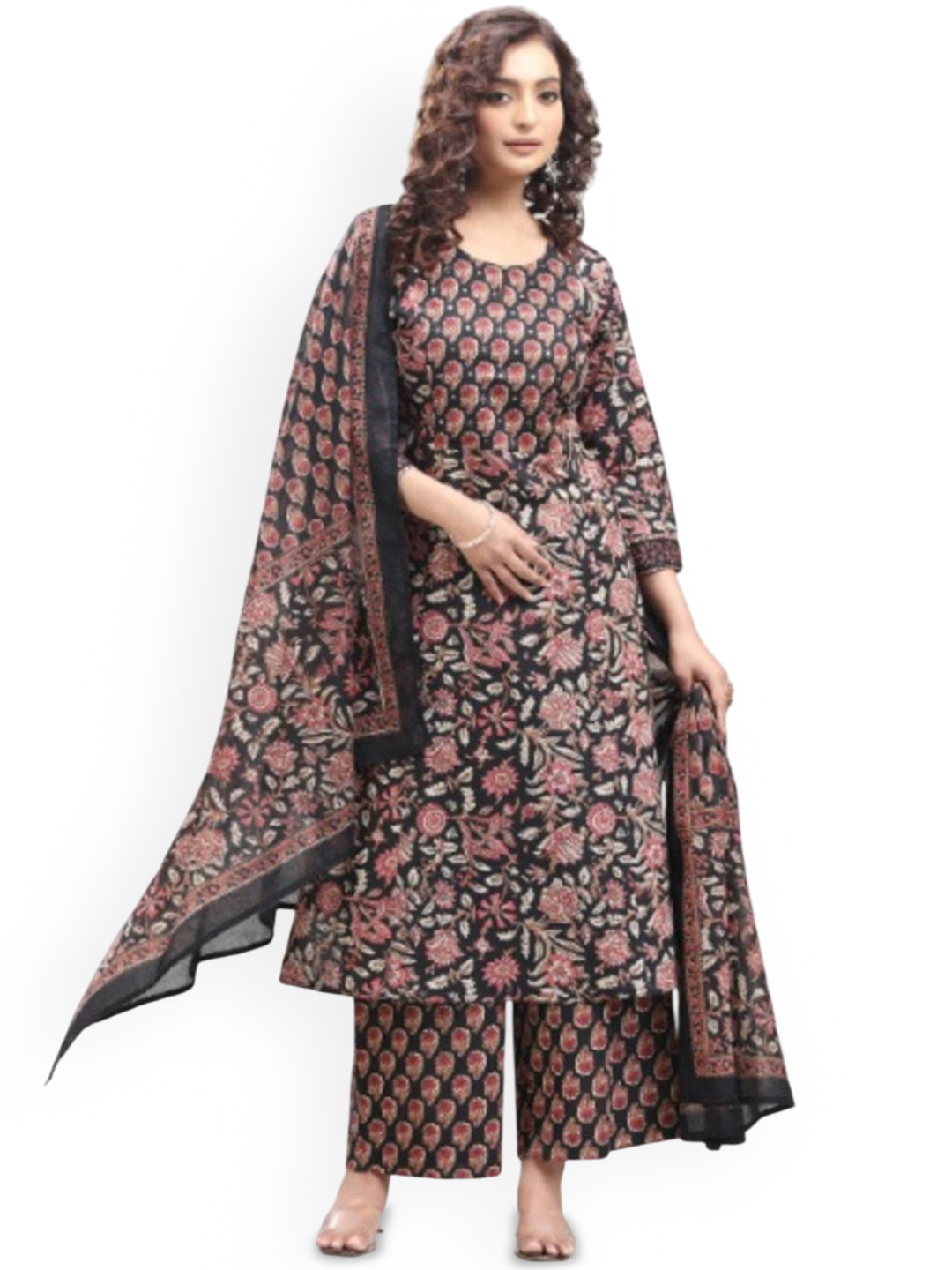

COTTON CULTURE Floral Printed Sequinned Pure Cotton Kurta With Palazzos & Dupatta, Black