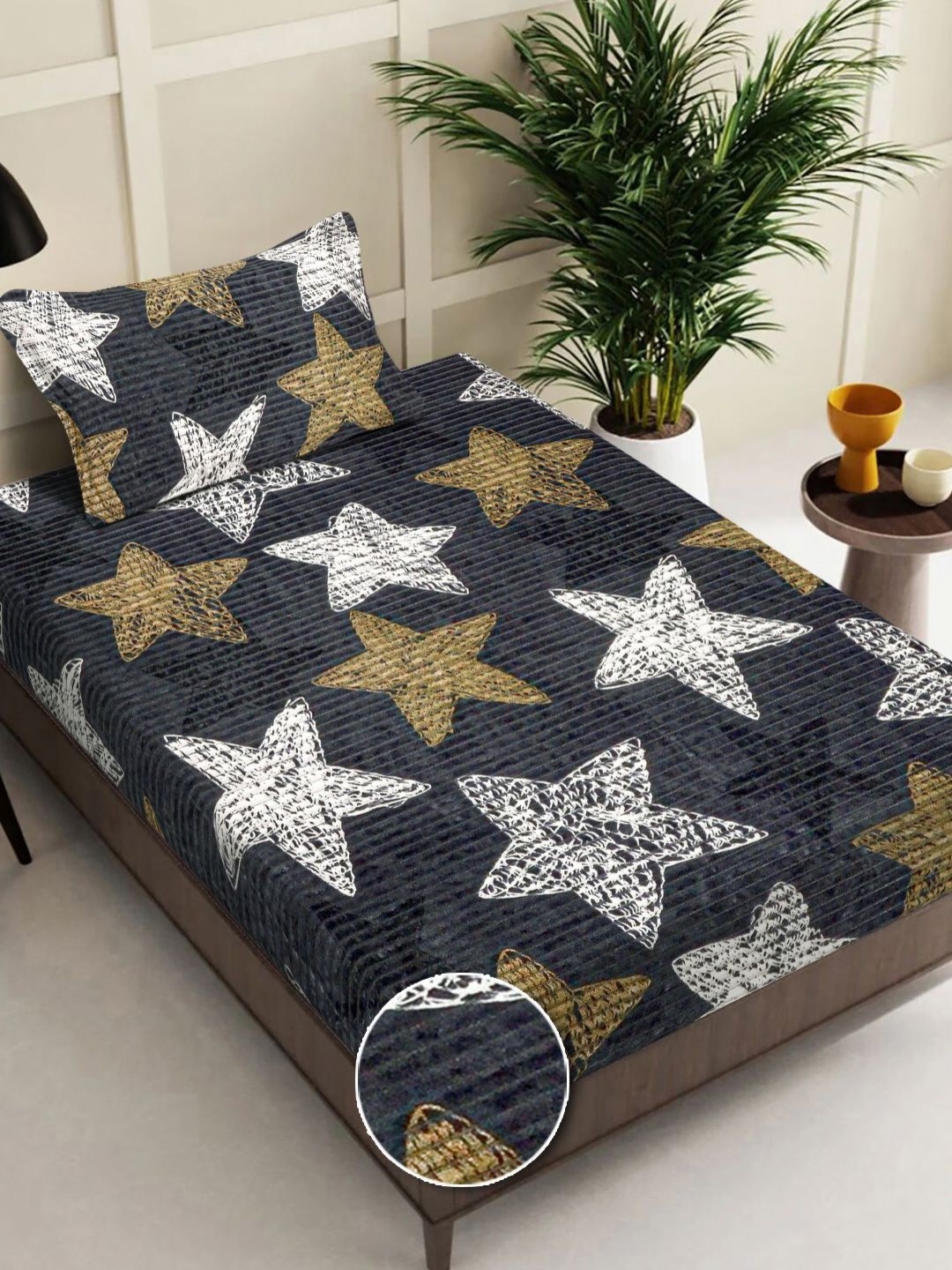 

FABINALIV Grey And White Geometric Printed Wool 300 TC Single Bedsheet Set 2.2 m x 1.5 m