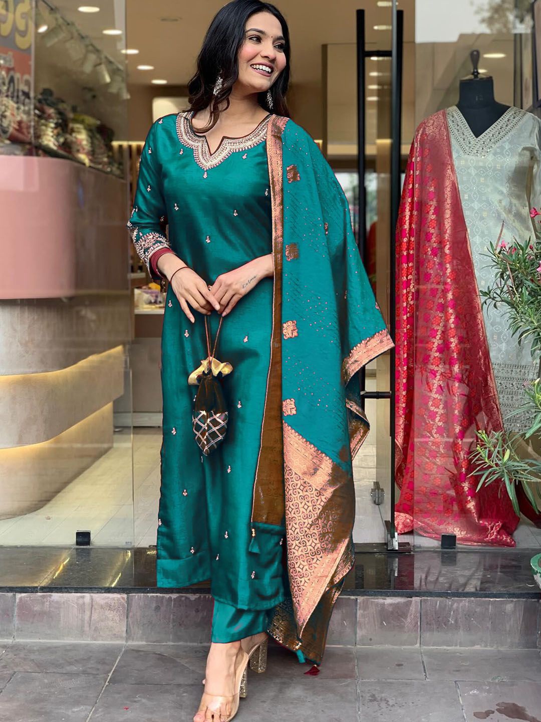 

KALINI Floral Embroidered Notch Neck Straight Kurta With Trousers And Dupatta, Teal