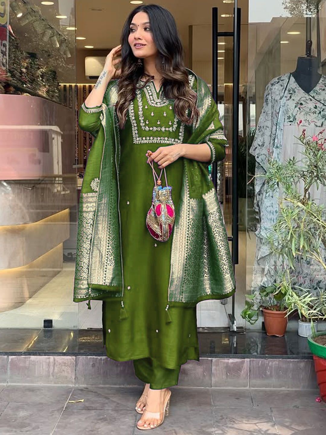 

KALINI Women Embroidered Regular Sequinned Chanderi Cotton Kurta with Trousers & With Dupatta, Olive