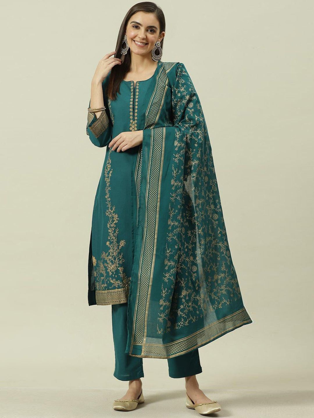 

Biba Floral Printed Notch Neck Pure Cotton Straight Kurta With Trousers & Dupatta, Teal