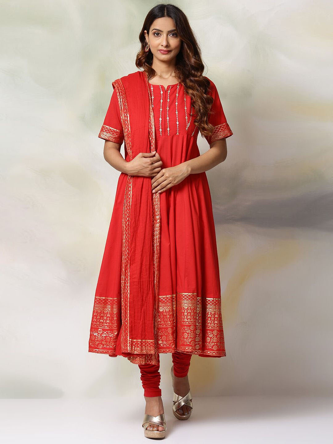 

Biba Women Floral Printed Regular Pure Cotton Kurta with Churidar & With Dupatta, Red