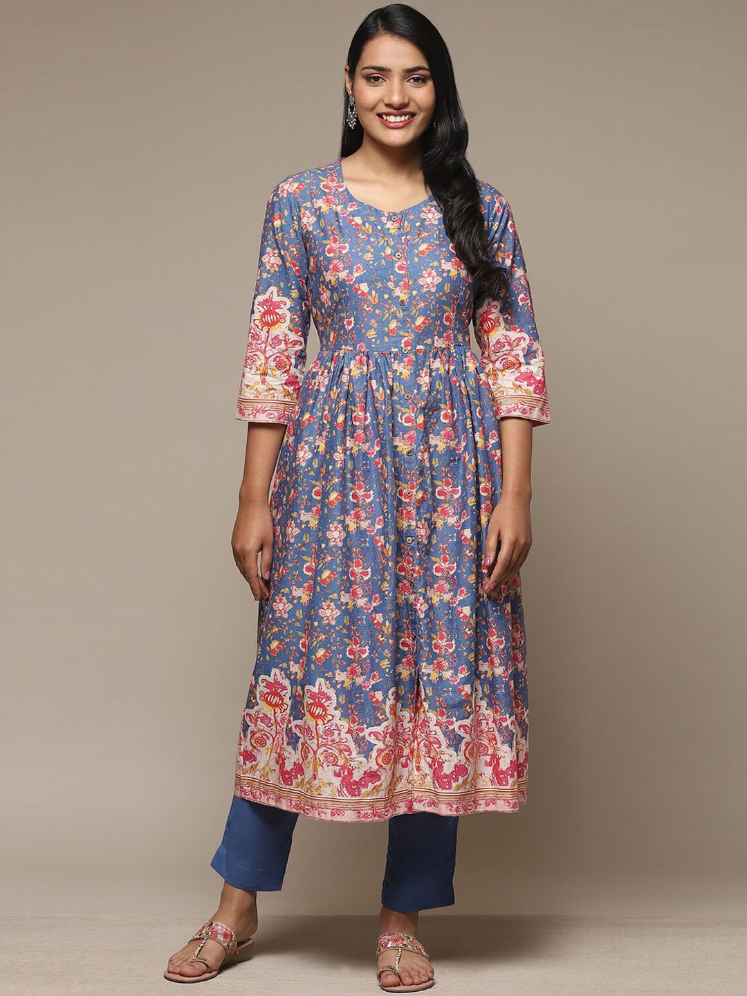 

Biba Floral Printed Pleated Pure Cotton Anarkali Kurta with Trousers, Blue