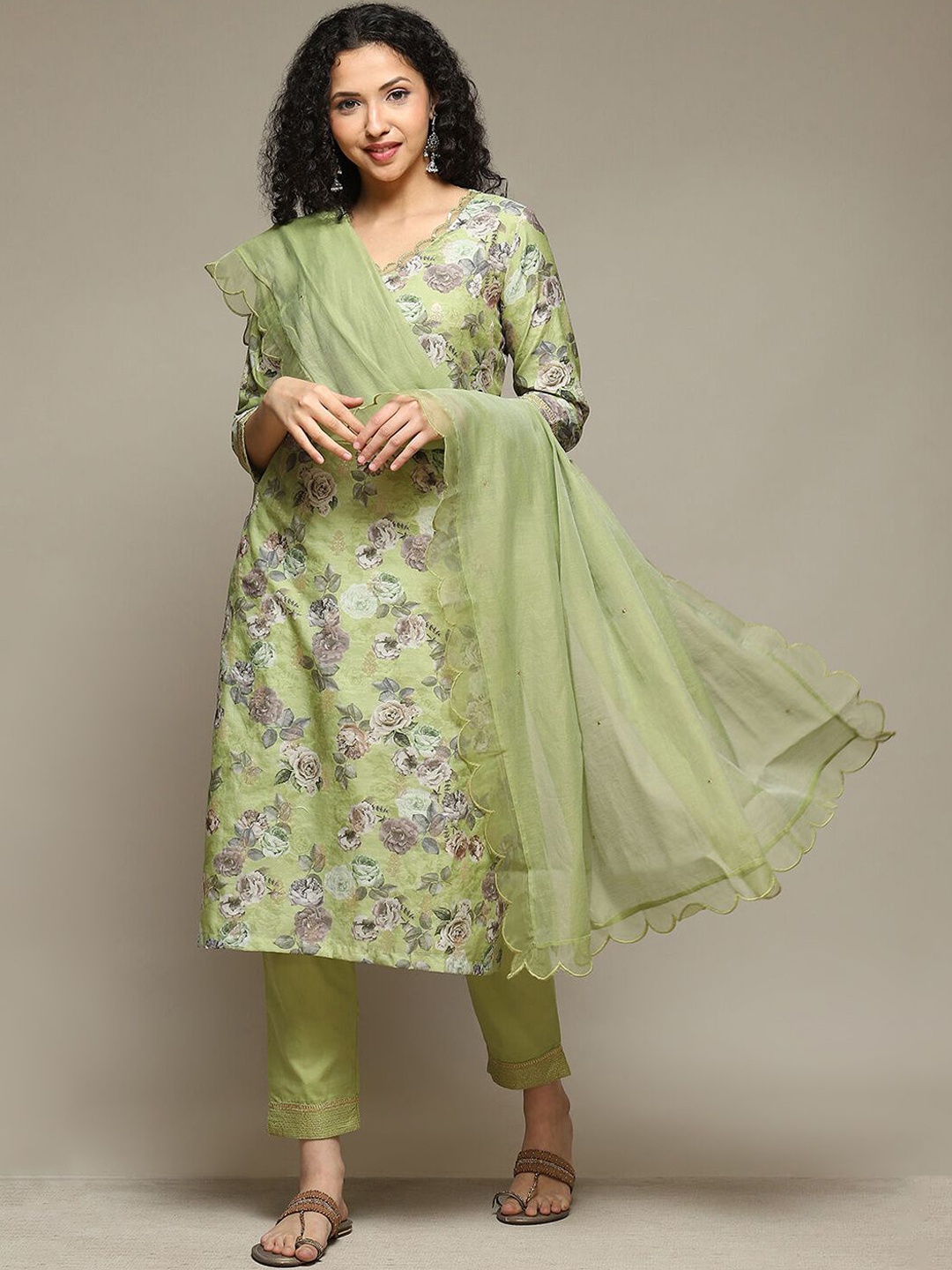 

Biba Floral Printed Sequinned Straight Kurta with Trousers & Dupatta, Green