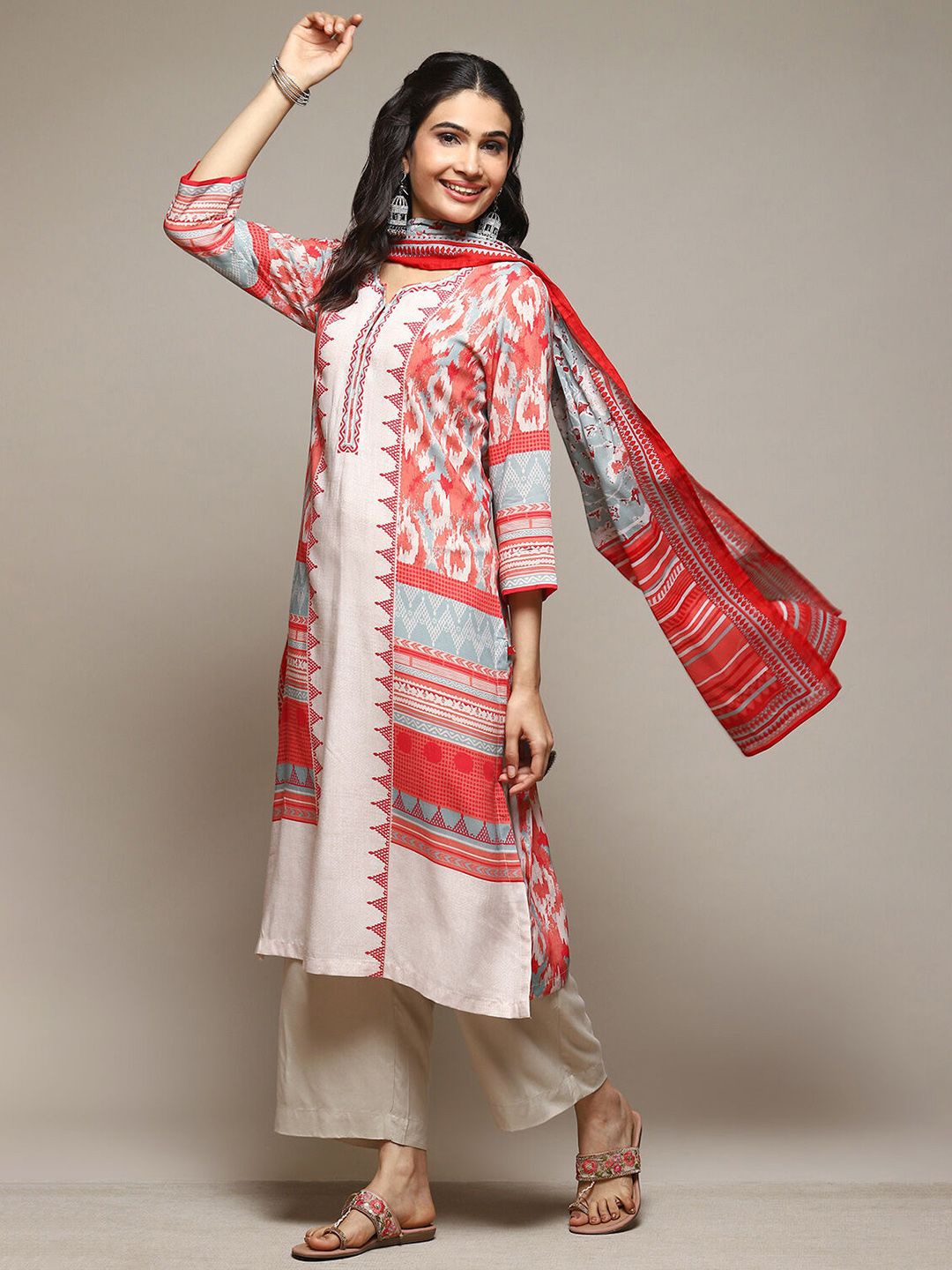 

Biba Geometric Printed Round Neck Straight Kurta With Palazzos & Dupatta, White