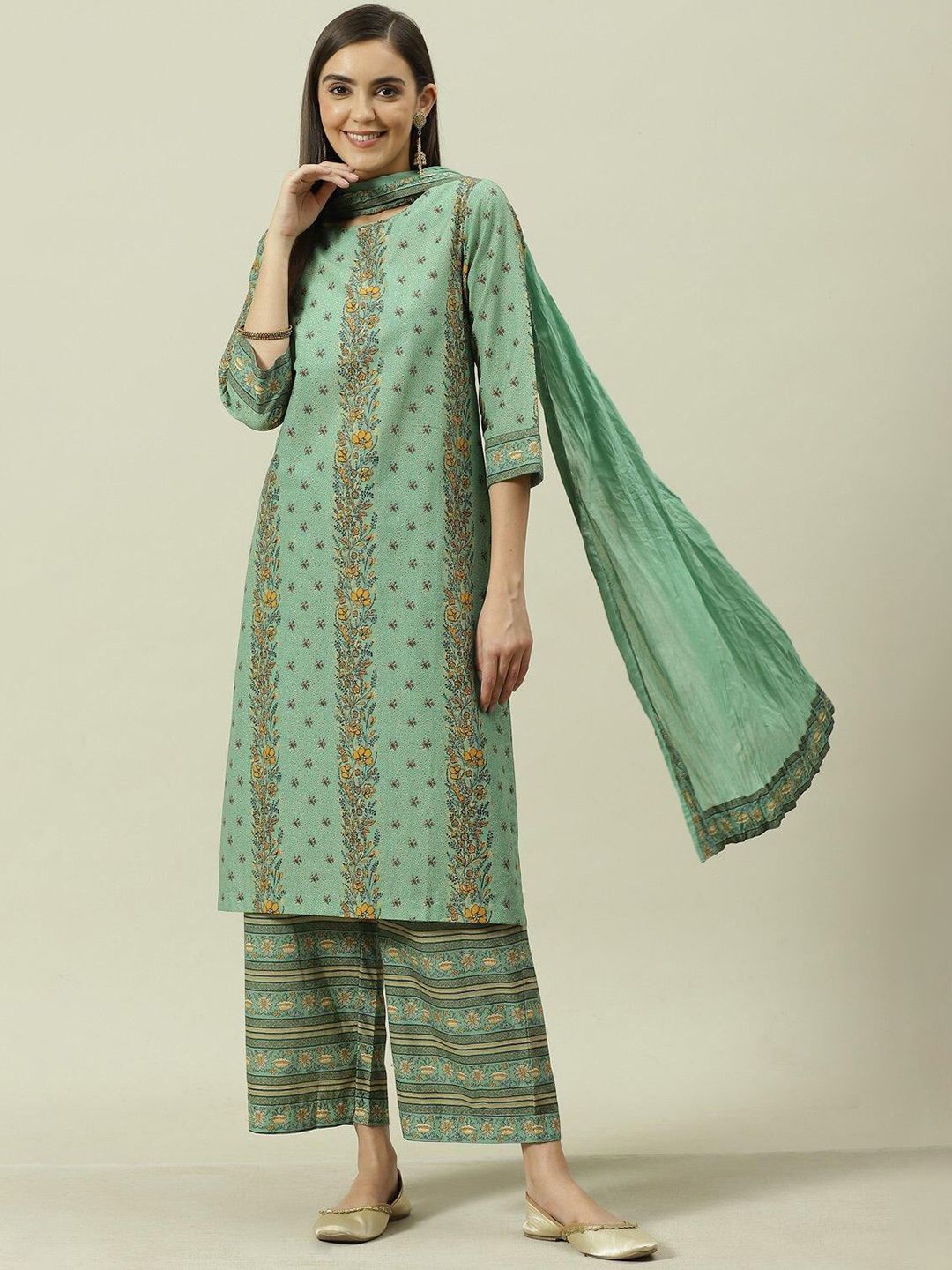 

Biba Floral Printed Round Neck Pure Cotton Straight Kurta With Palazzos & Dupatta, Green