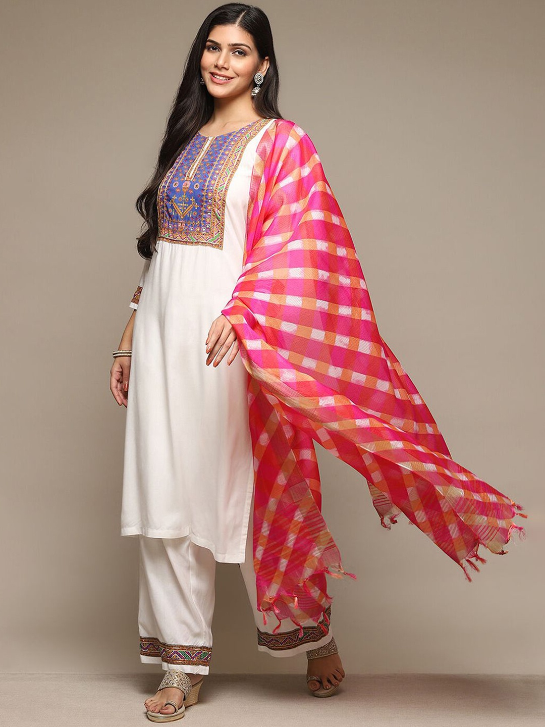 

Biba Floral Printed Round Neck Straight Kurta With Palazzos & Dupatta, White