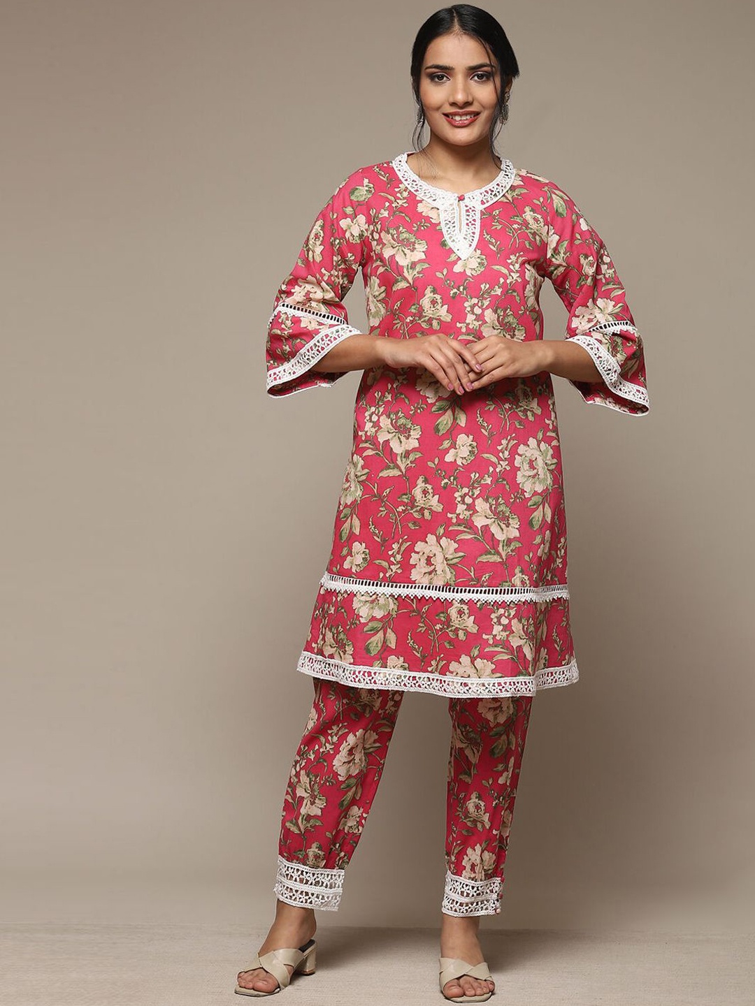 

Biba Floral Printed Round Neck Pure Cotton A-Line Kurta With Trousers, Pink
