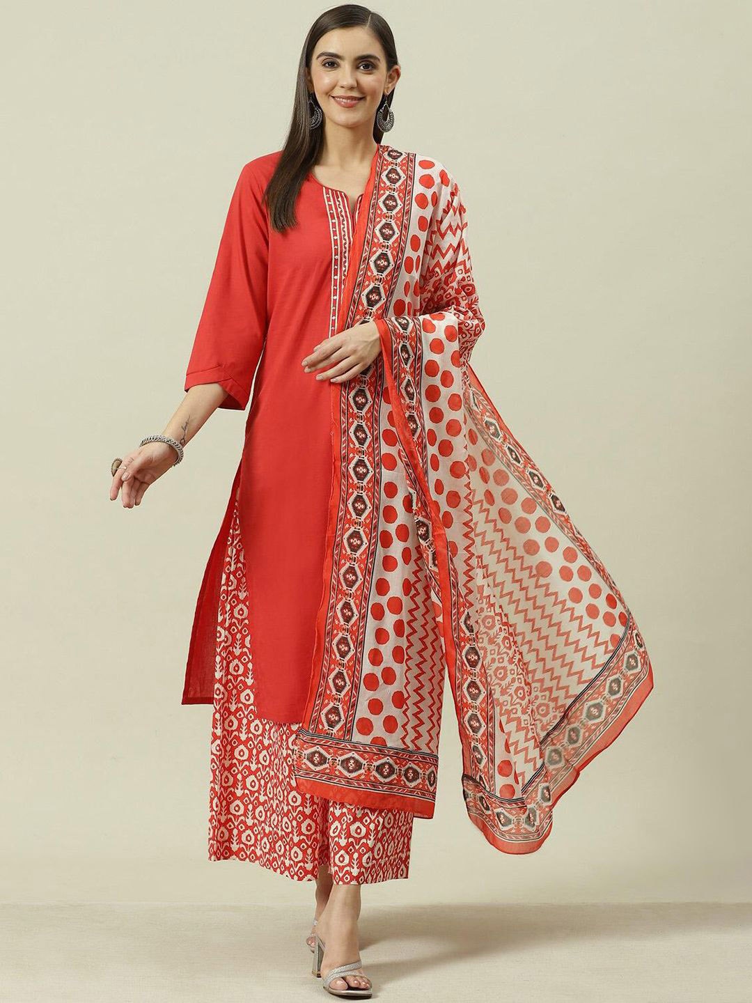 

Biba Geometric Printed Pure Cotton Straight Kurta with Palazzos & Dupatta, Red
