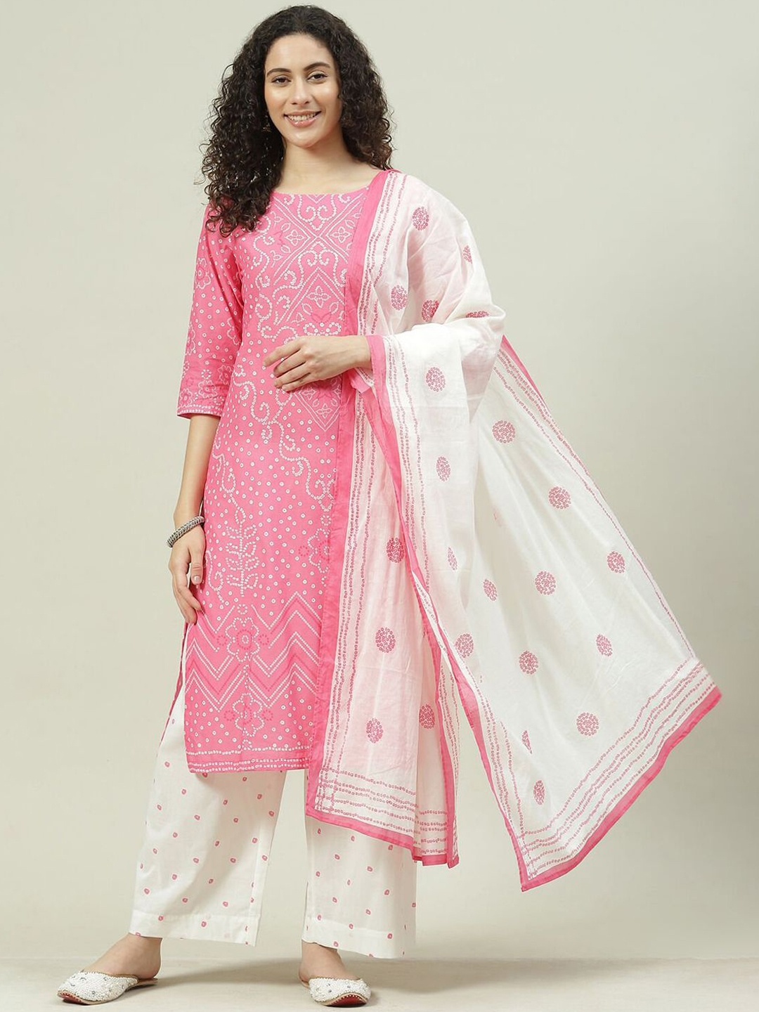 

Biba Women Printed Regular Pure Cotton Kurta with Palazzos & With Dupatta, Pink