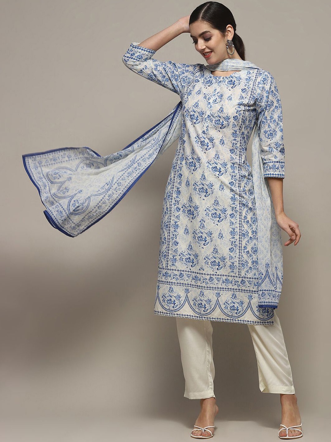 

Biba Floral Printed Pure Cotton Straight Kurta with Trousers & Dupatta, White