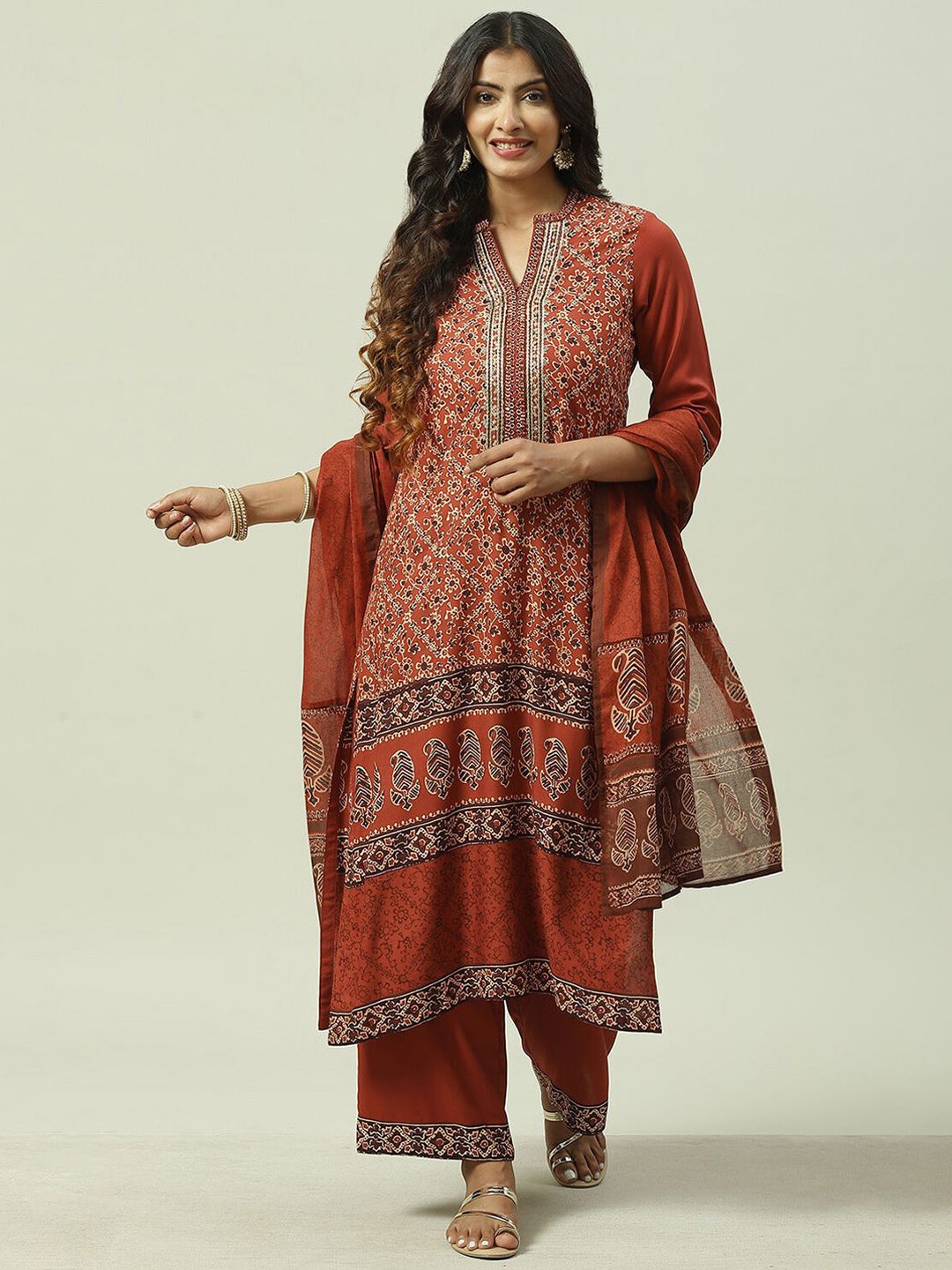 

Biba Floral Printed Mandarin Collar Straight Kurta With Palazzos & Dupatta, Rust