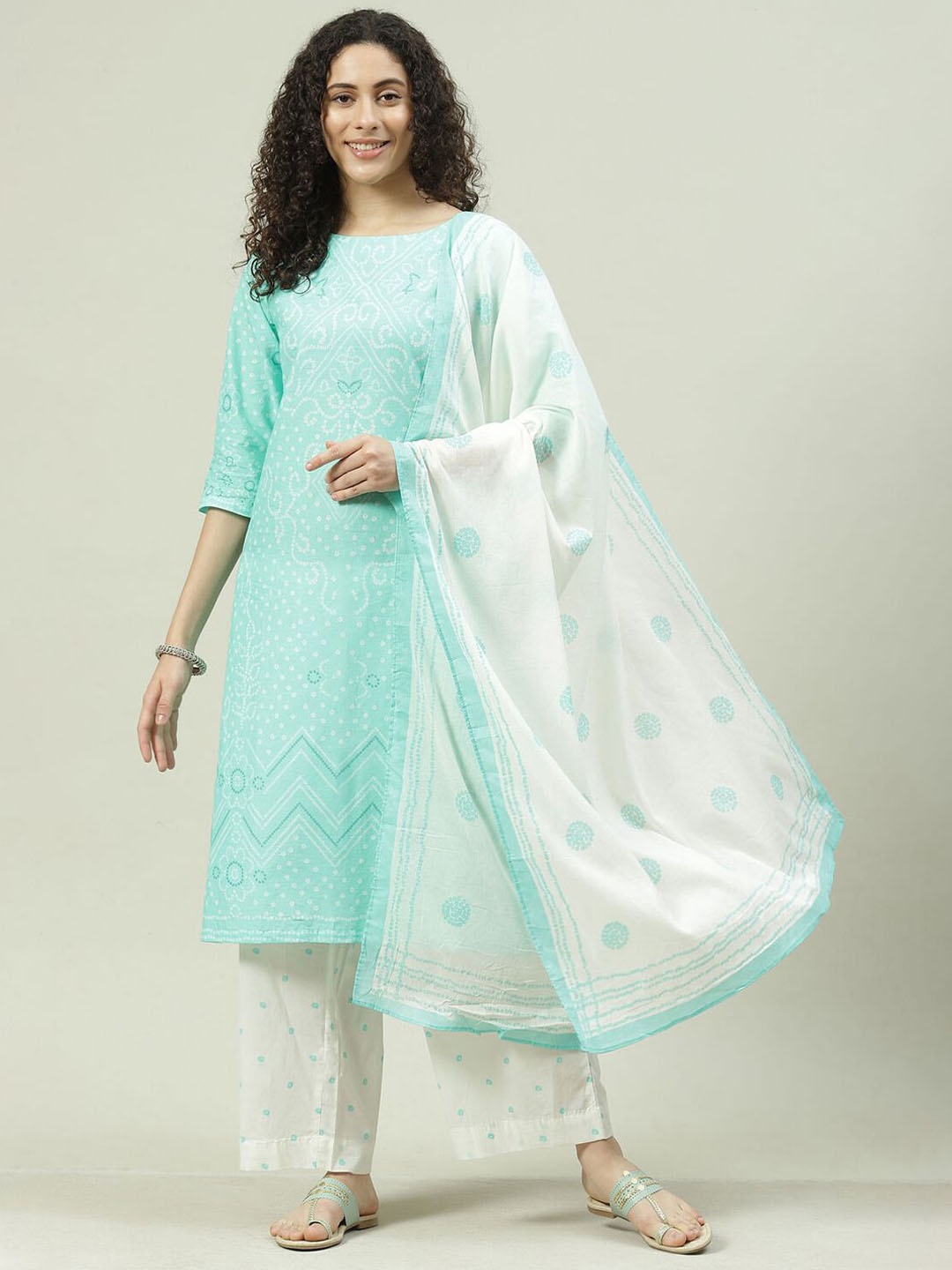 

Biba Bandhani Printed Pure Cotton Straight Kurta with Palazzos & Dupatta, Blue