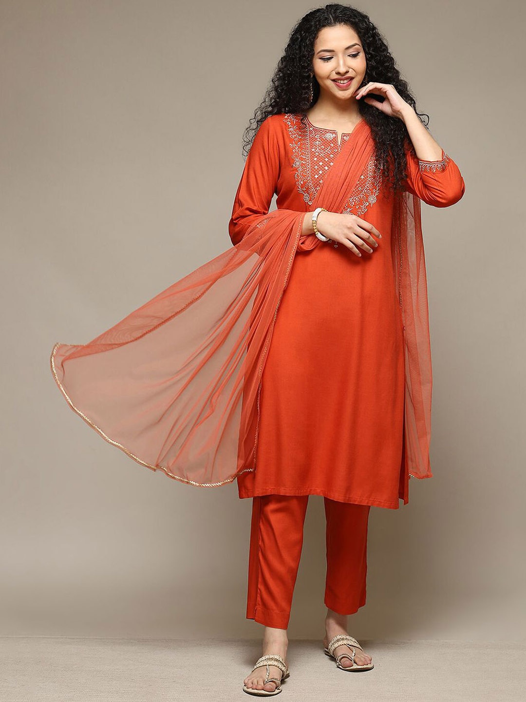 

Biba Floral Embroidered Sequinned Straight Kurta with Trousers & Dupatta, Orange