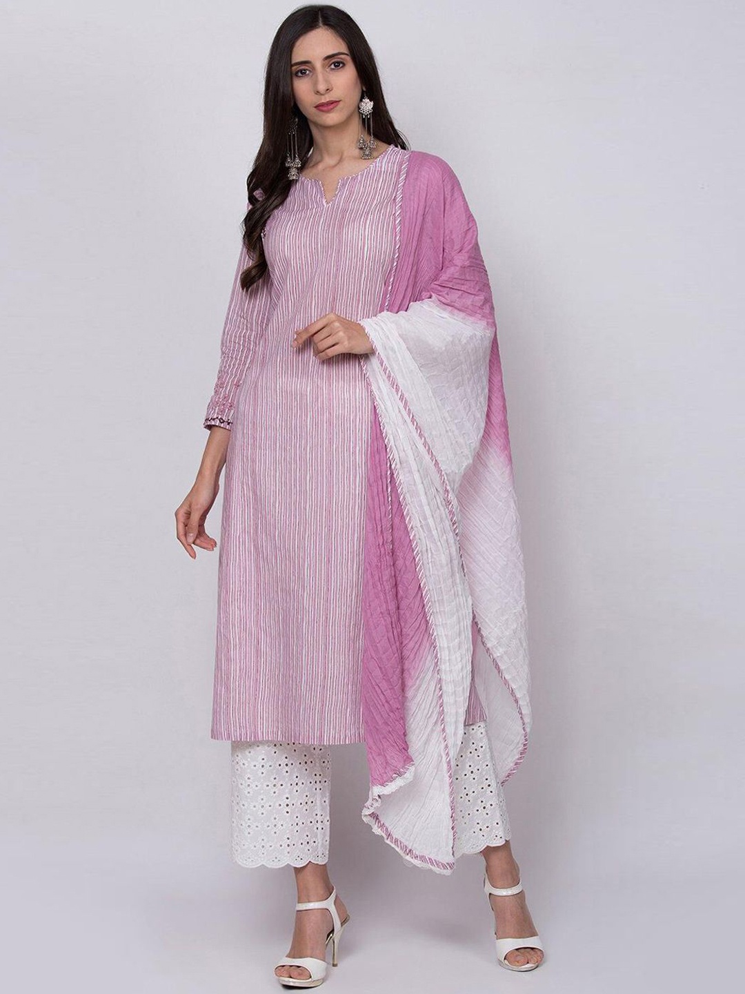 

Biba Striped Beads and Stones Pure Cotton Straight Kurta with Palazzos & Dupatta, Pink