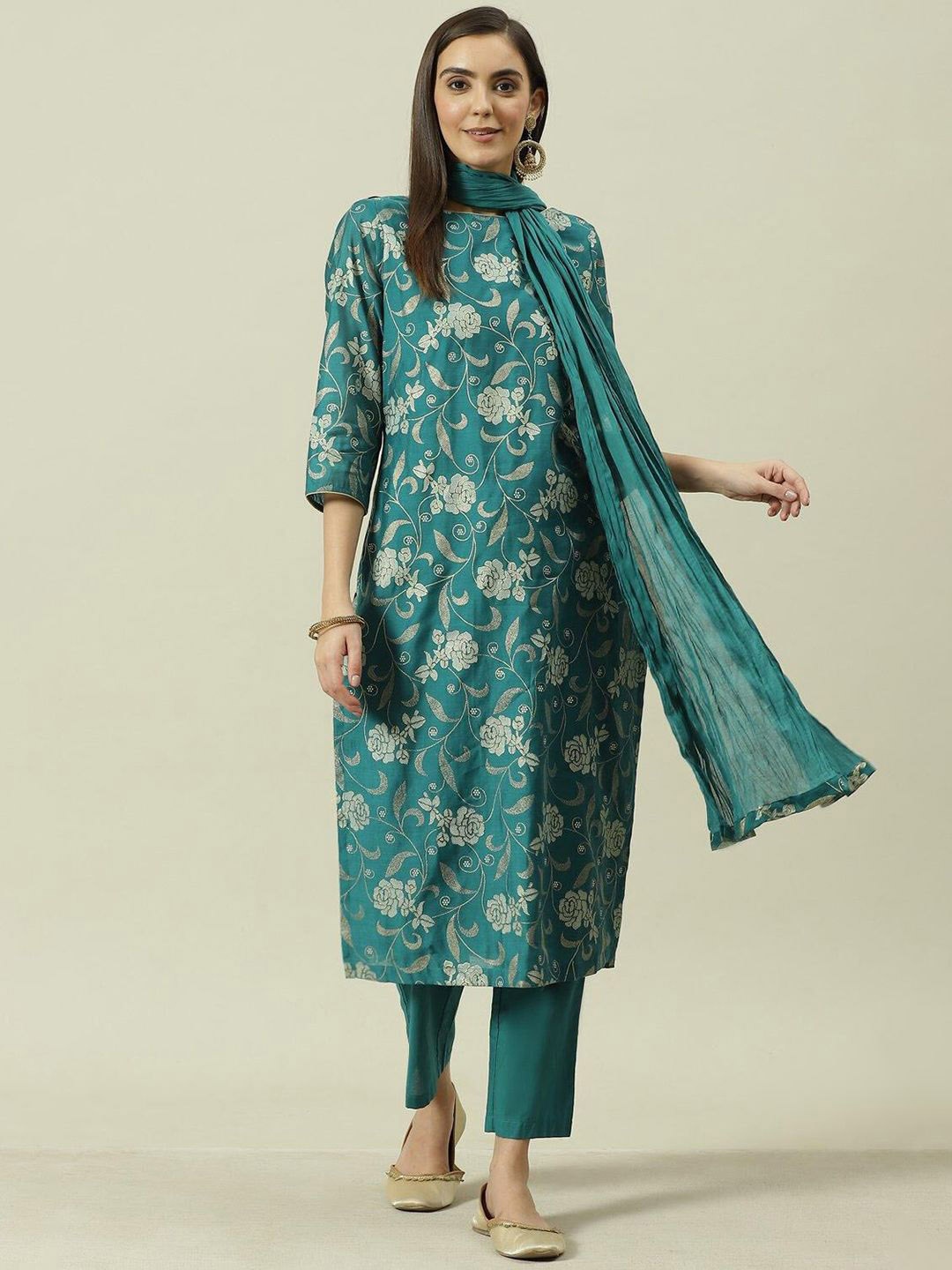 

Biba Floral Printed Pure Cotton Straight Kurta with Trousers & Dupatta, Green