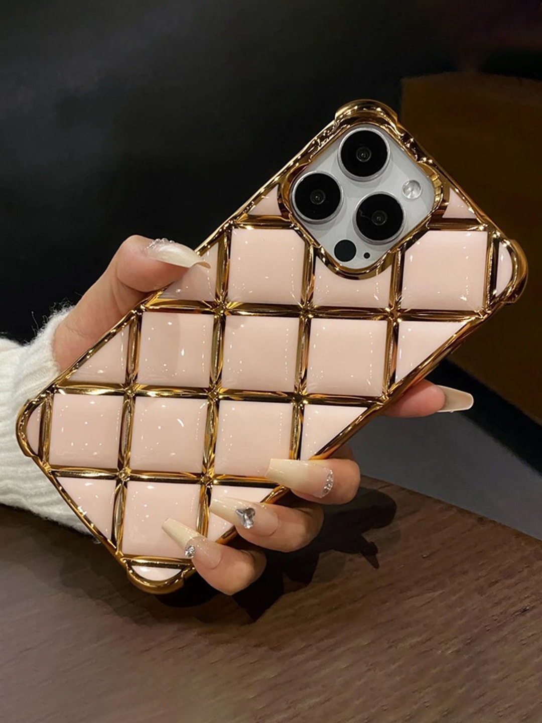 

Luxury Kase LK152 Plating Diamond Lattice Grid iPhone 13 Pro Back Case, Cream