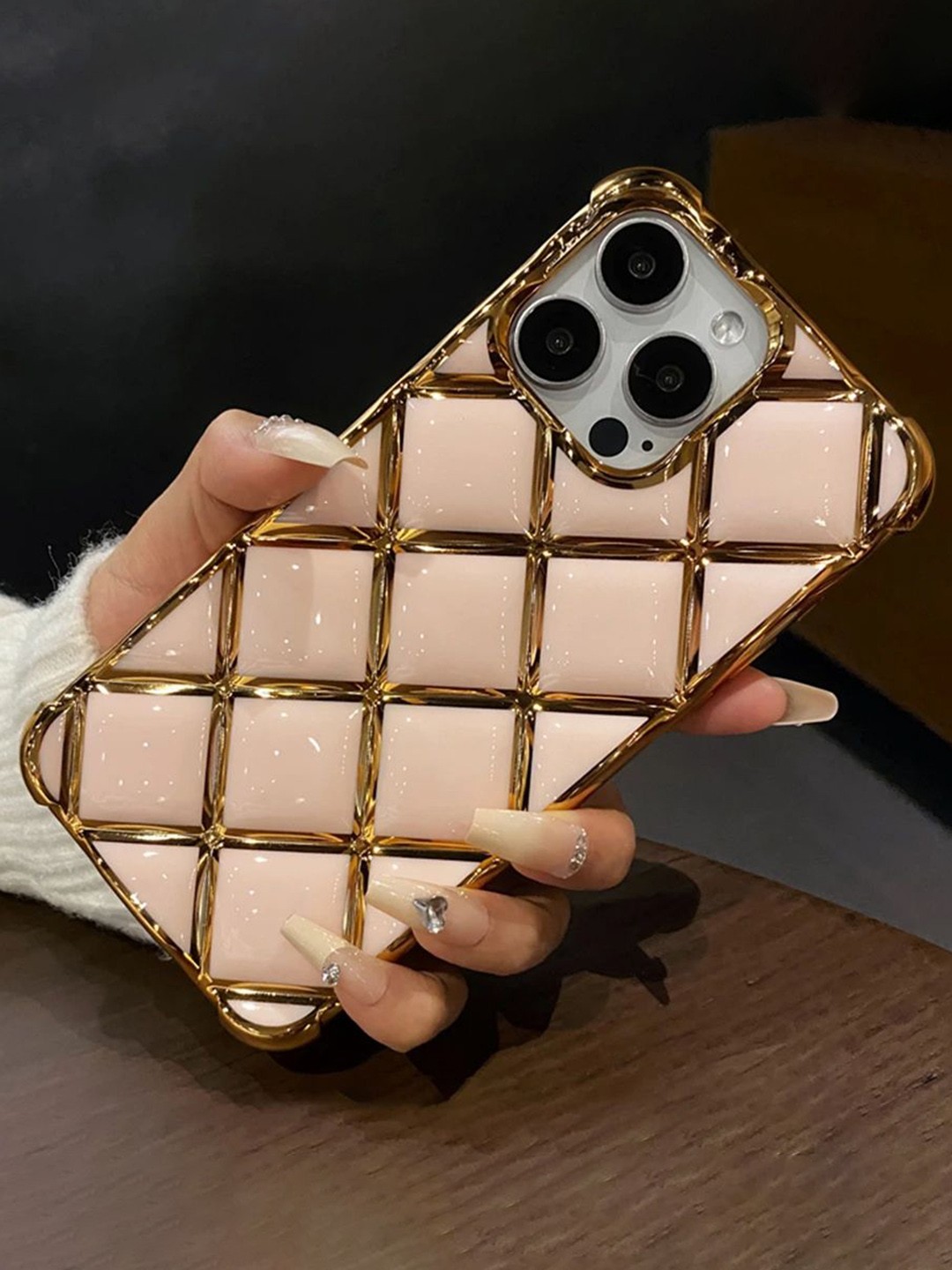 

Luxury Kase LK152 Plating Diamond Lattice Grid iPhone 14 Pro Max Back Case, Gold
