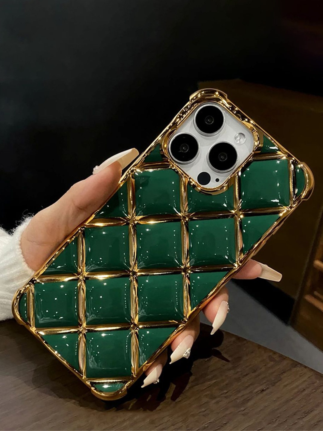 

Luxury Kase LK152 Plating Diamond Lattice Grid iPhone 14 Pro Max Back Case, Green
