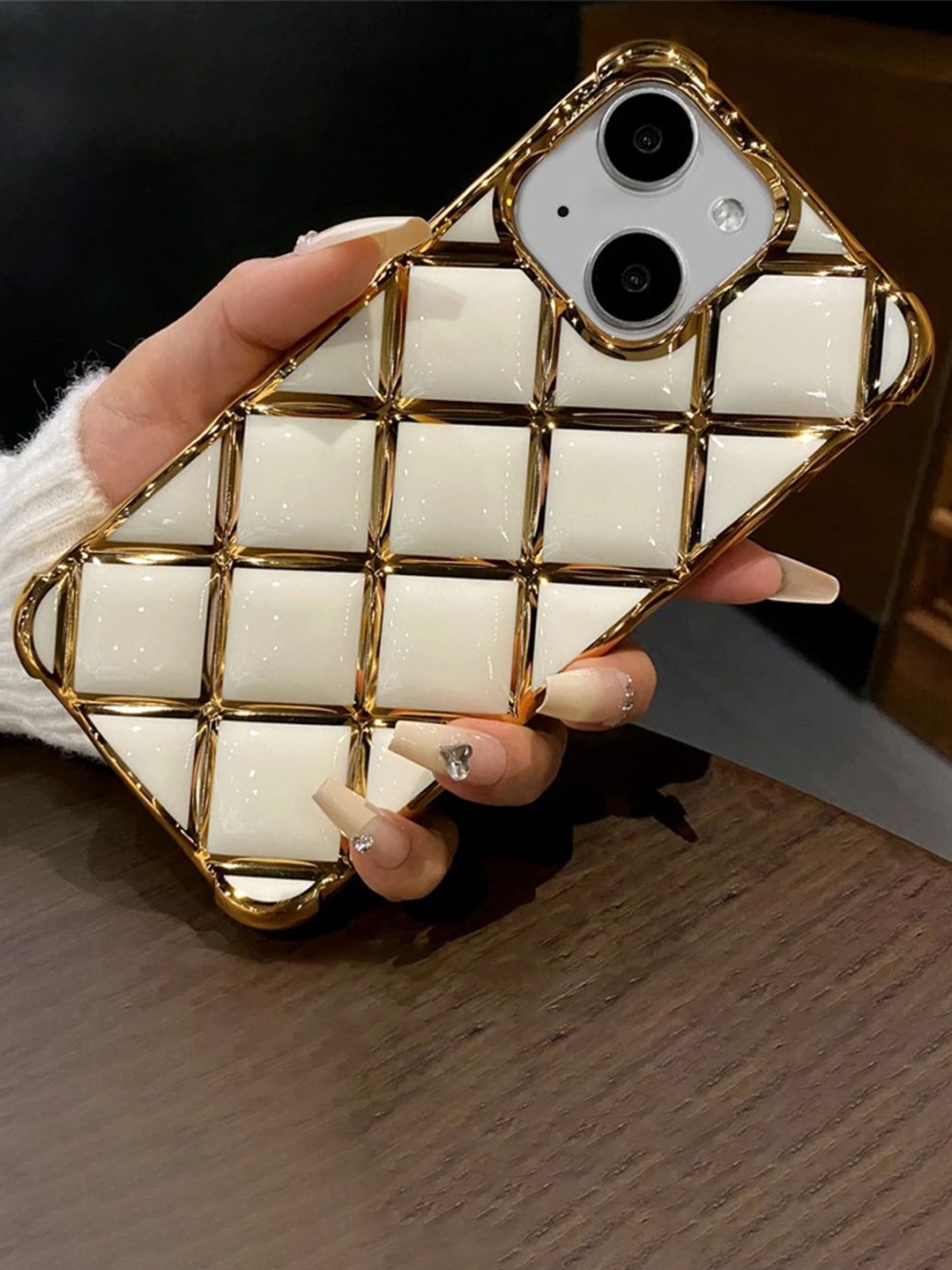 

Luxury Kase LK152 Plating Diamond Lattice Grid Case iPhone 14 Back Case, White