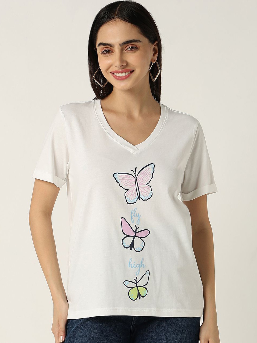 

R&B Printed V-Neck T-shirt, White