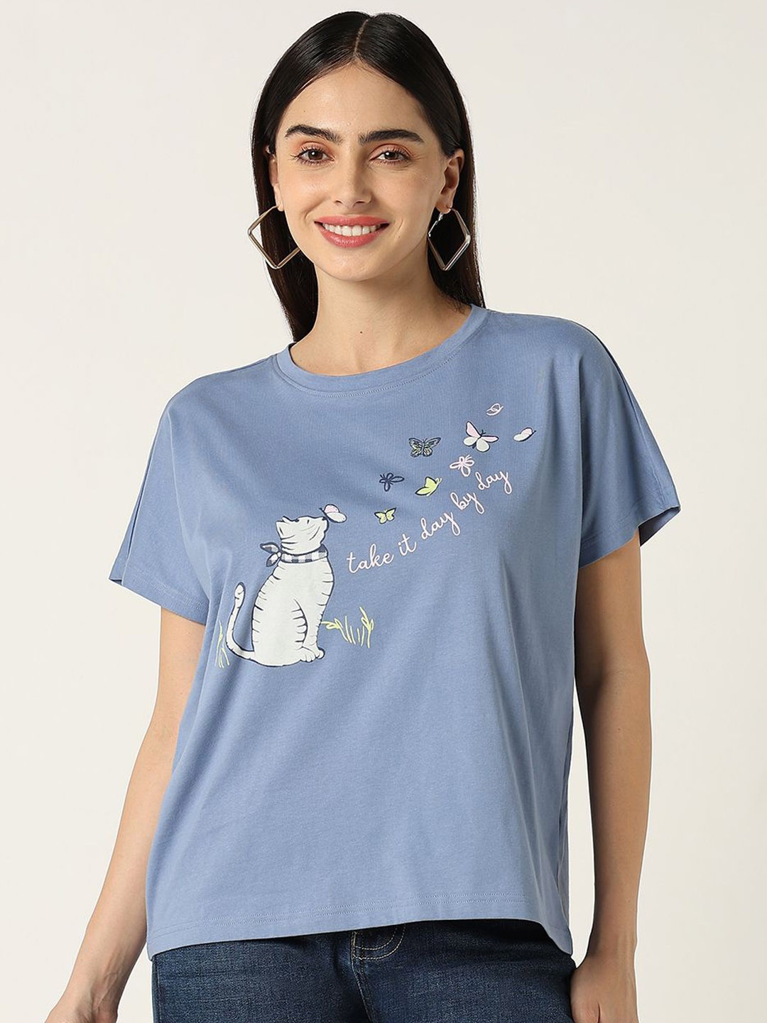 

R&B Women Printed Pure Cotton Short Sleeve T-Shirt, Blue