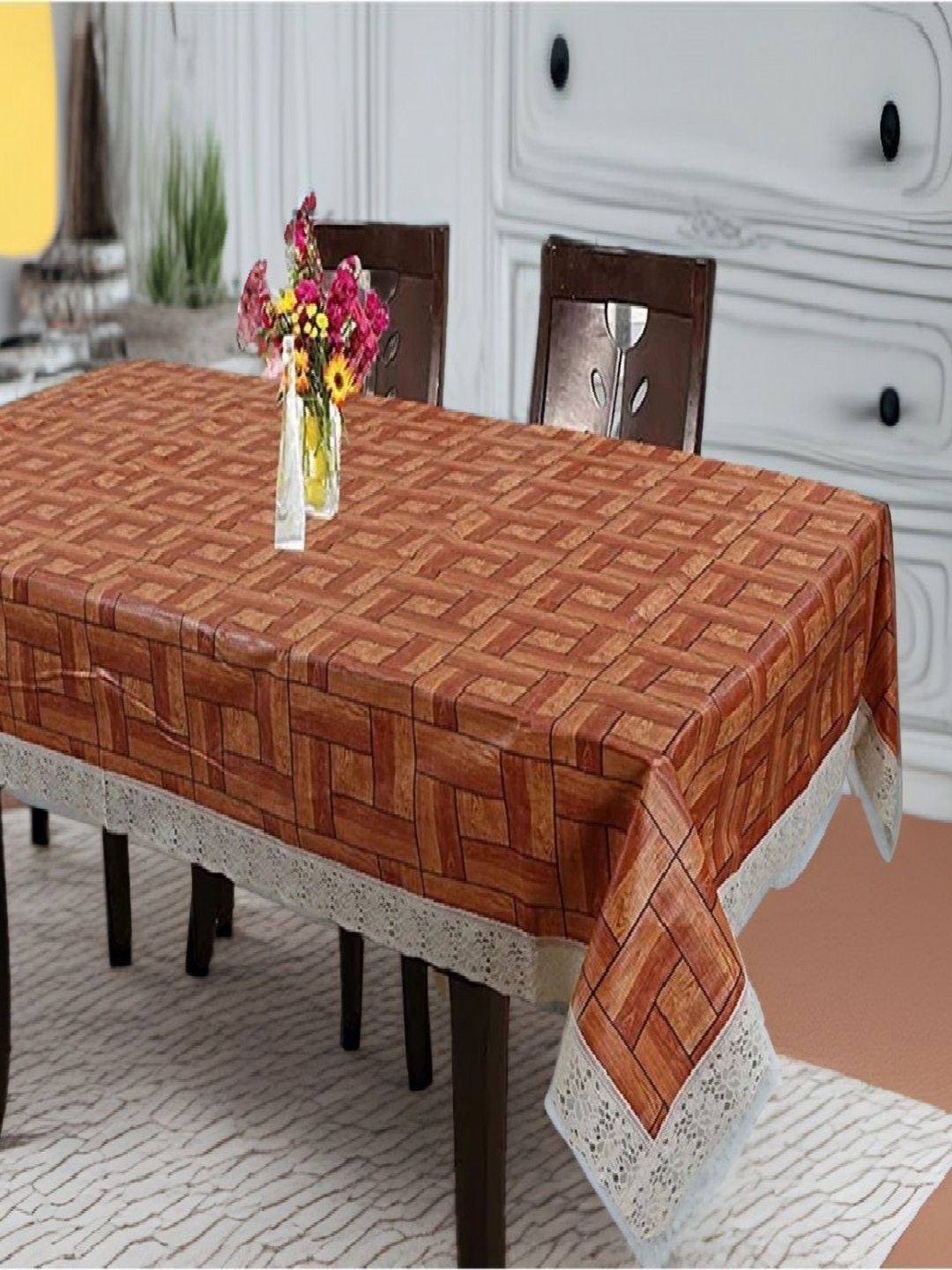 

REVEXO Brown & White Geometric Printed 4-Seater Table Cover