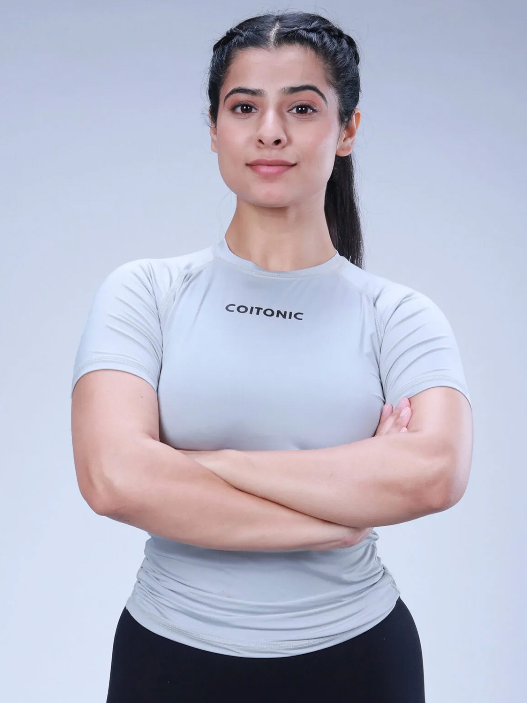 Coitonic Women Typography Printed Short Sleeves Compression Tshirt, Grey