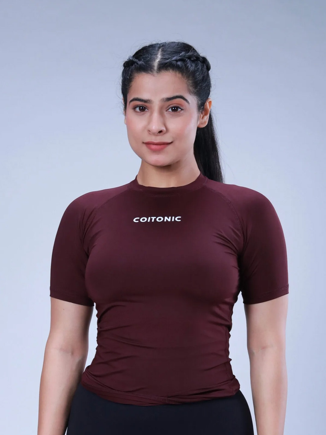 Coitonic Women Typography Printed Short Sleeves Compression Tshirt, Maroon