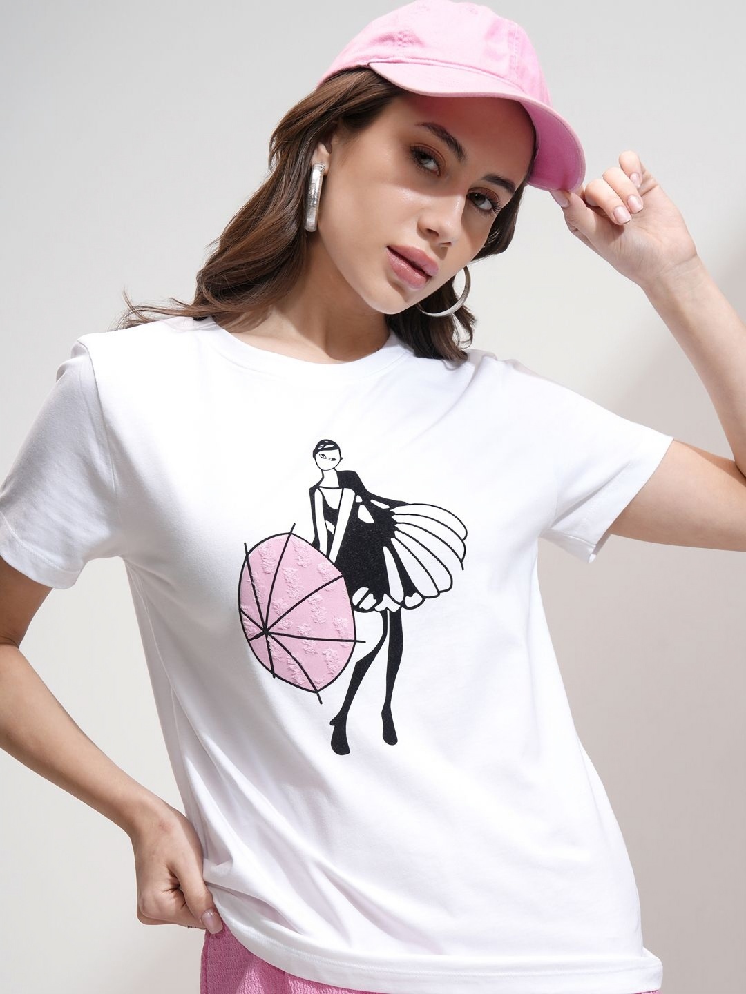 

Tokyo Talkies Women 3D Graphic Fur Applique Regular Fit T-Shirt, White