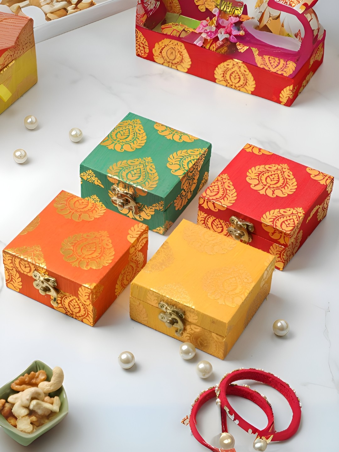 

RR Crafts Red & Green 4 Pieces Printed Motif Design Boxes