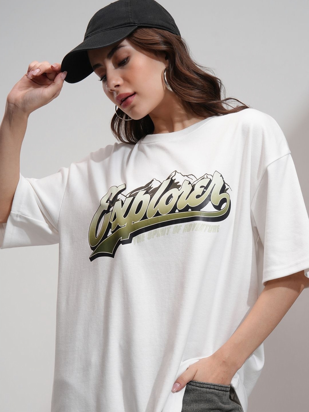 

Tokyo Talkies Women Embellished Printed Drop Shoulder Oversized Tshirt, White