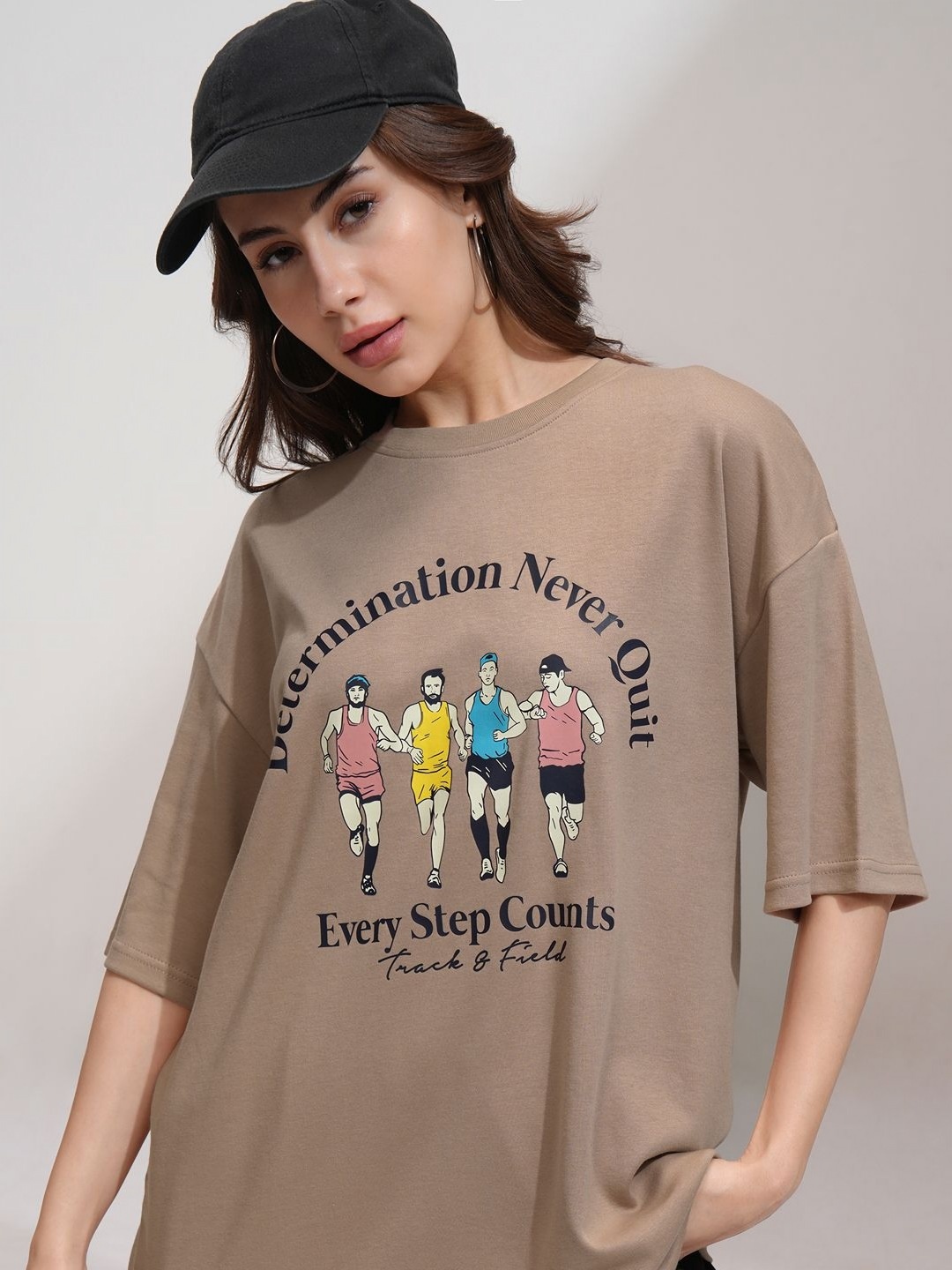 

Street By Tokyo Talkies Women Printed Drop Shoulder Oversized T-shirt, Beige