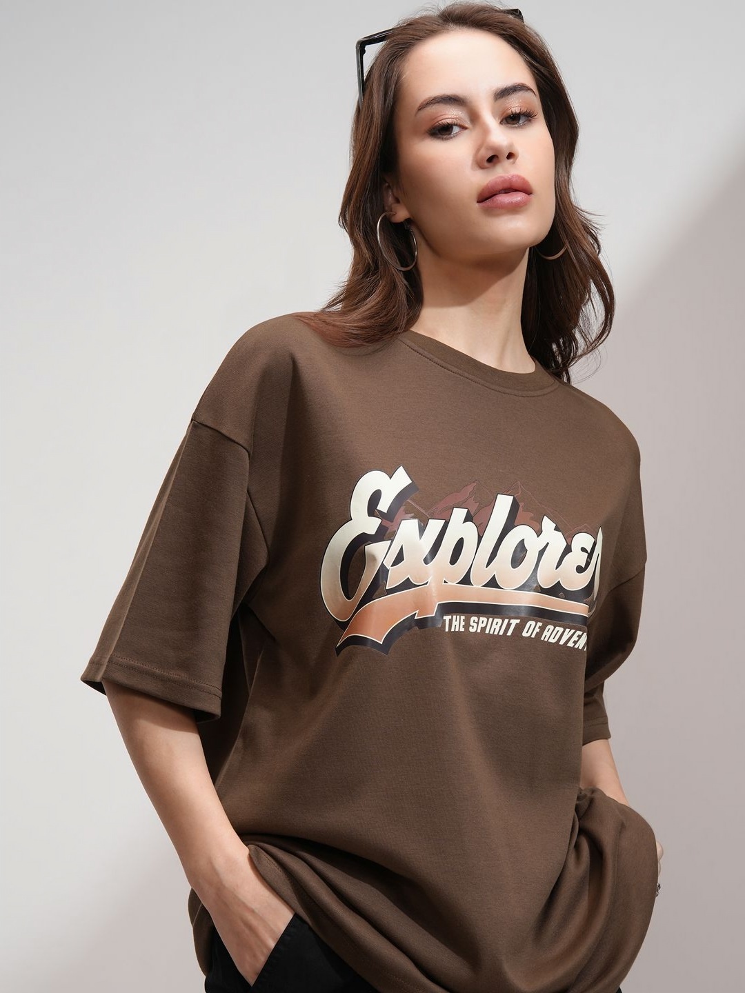 

Street By Tokyo Talkies Women Embellished Printed Drop Shoulder Oversized T-Shirt, Brown