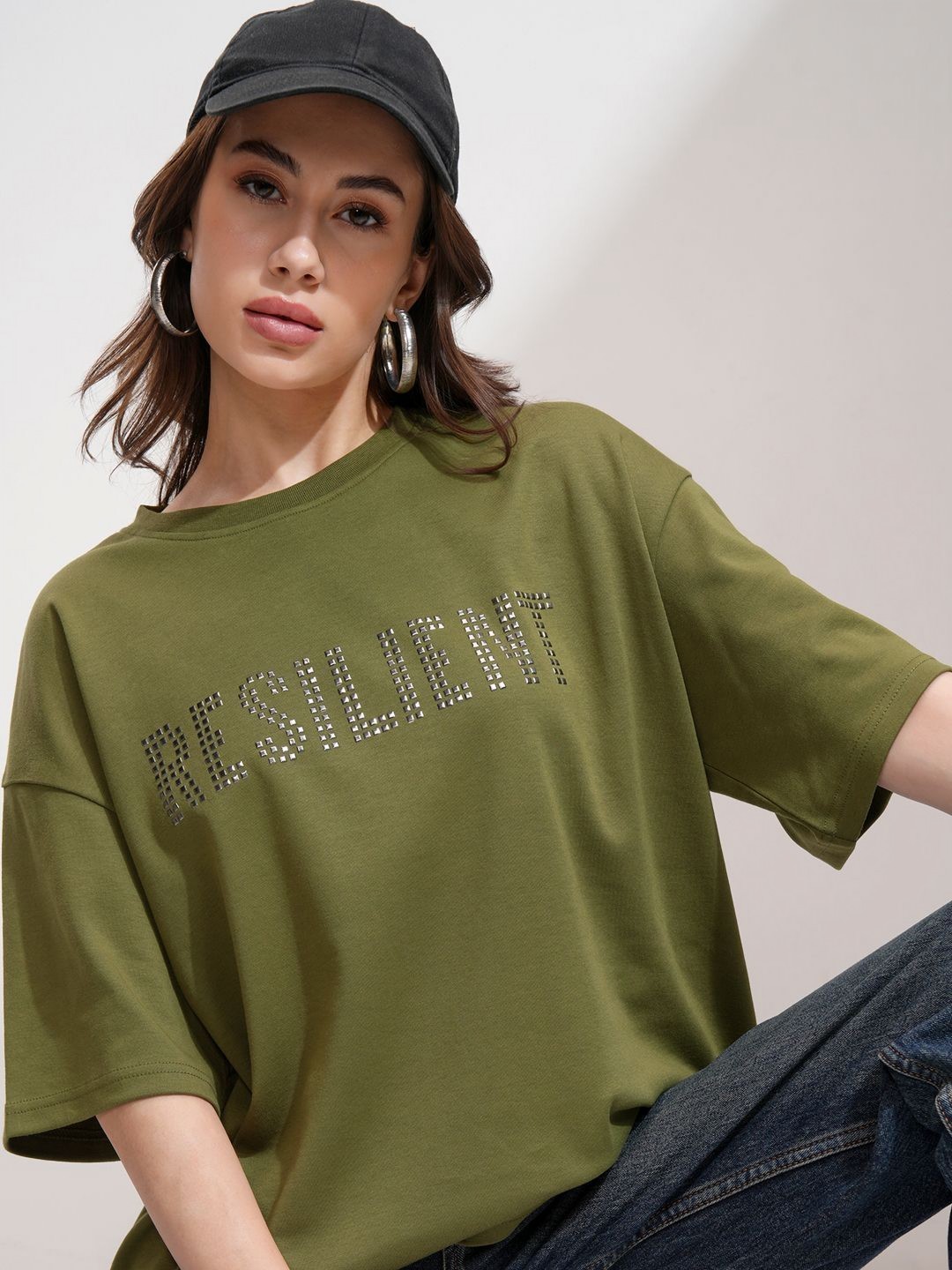 

Tokyo Talkies Women Embelished Drop Shoulder Oversized Tshirt, Olive