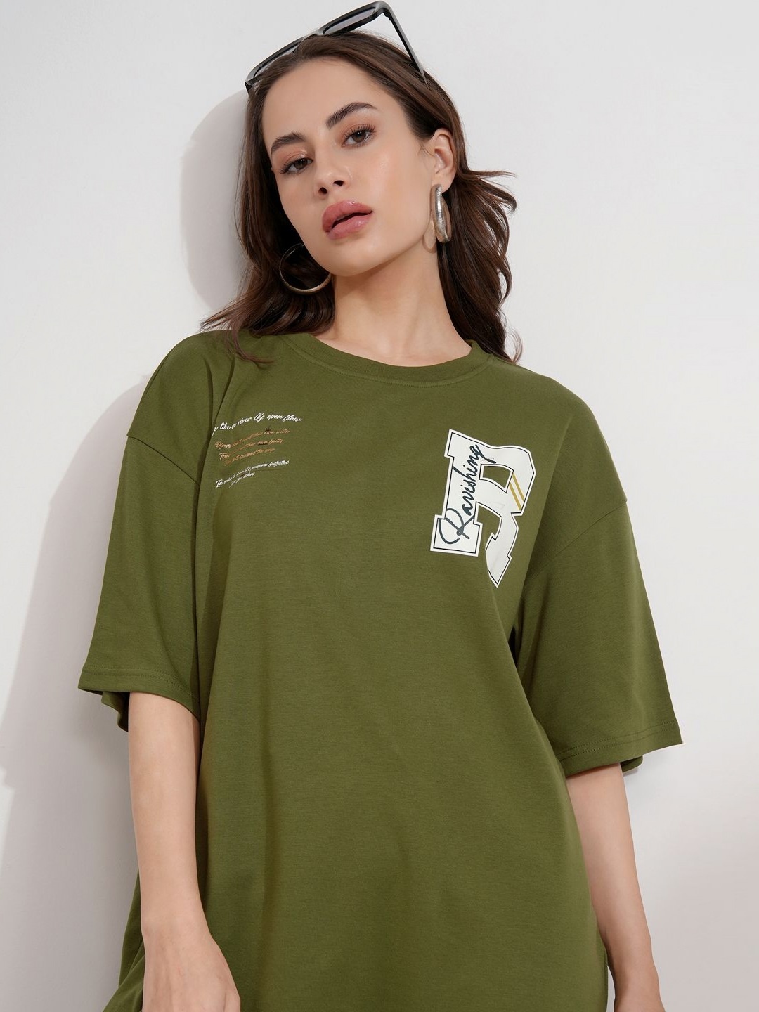 

Street By Tokyo Talkies Women Typography Printed Round Neck Cotton Oversized T-Shirt, Olive